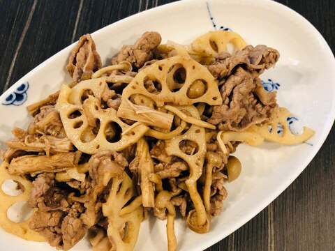 牛肉と蓮根ときのこの甘辛バルサミコ酢炒め